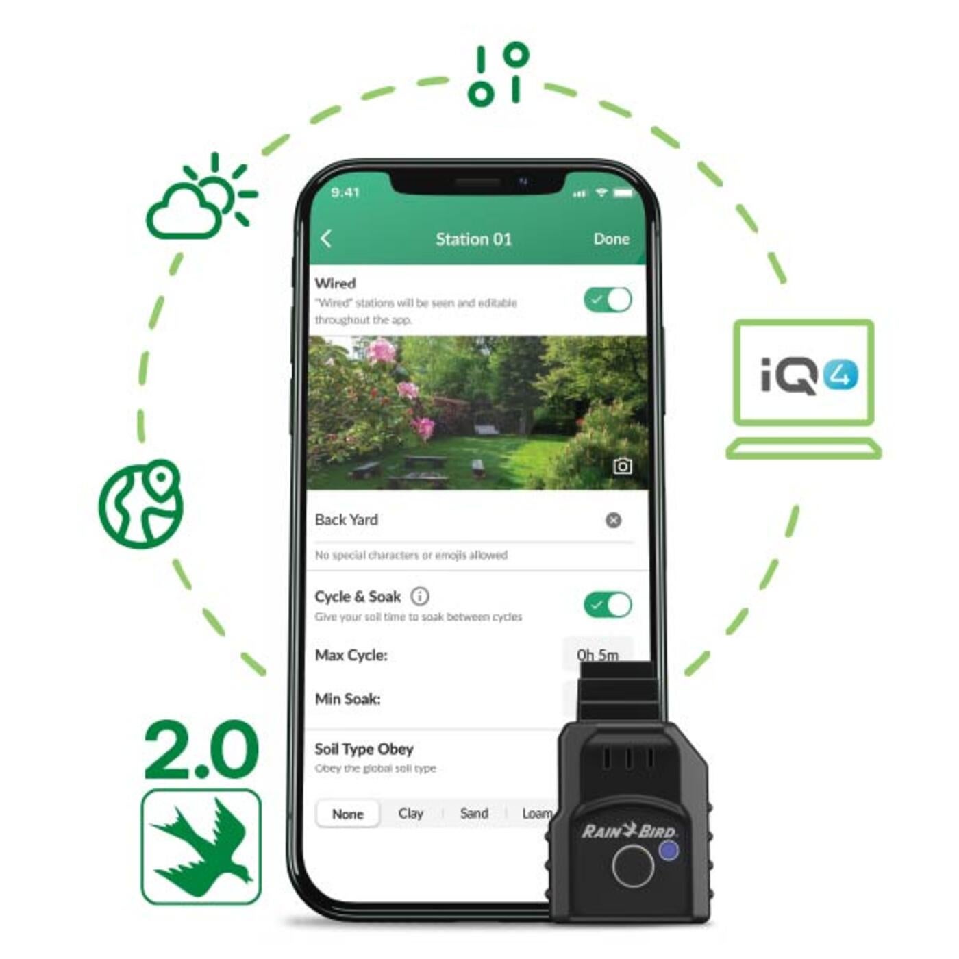 iPhone image and illustration demonstrating the powerful features of the Rain Bird 2.0 Mobile App and LNK2 WiFi Module